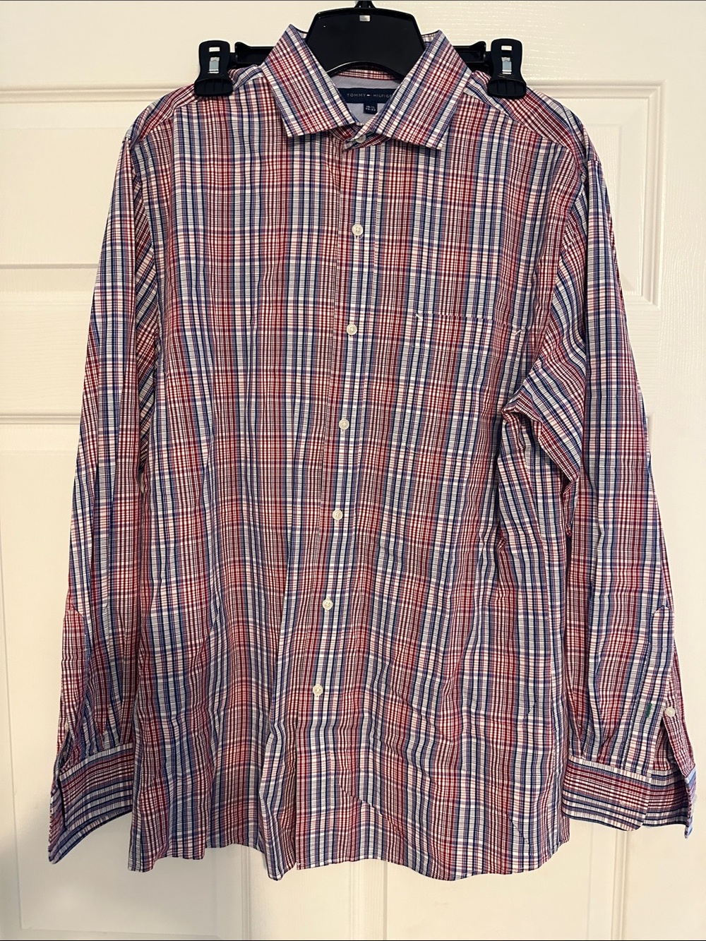 Tommy Hilfiger Red and Blue Plaid Long-Sleeve Dress Shirt